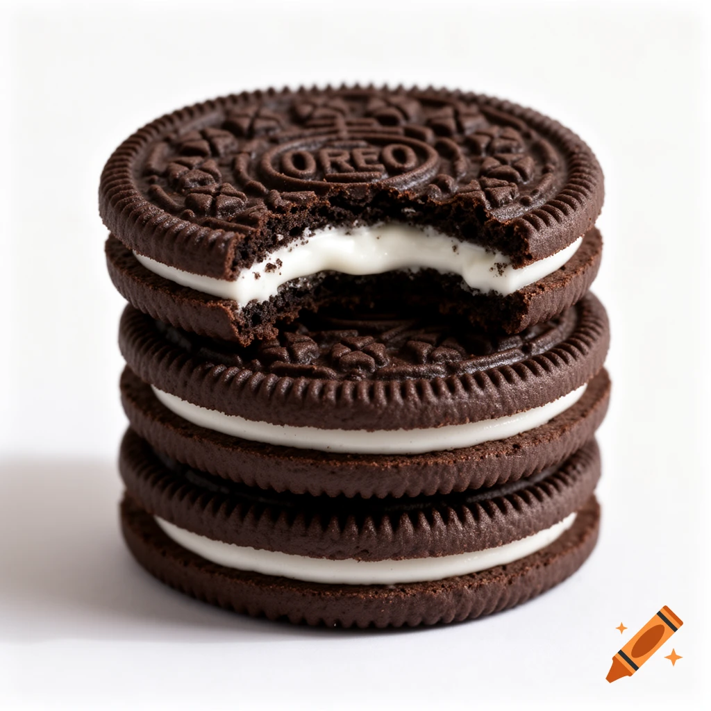 A photorealistic close-up of three stacked Oreo cookies, the top one with a bite taken out revealing white cream filling, on a white background.