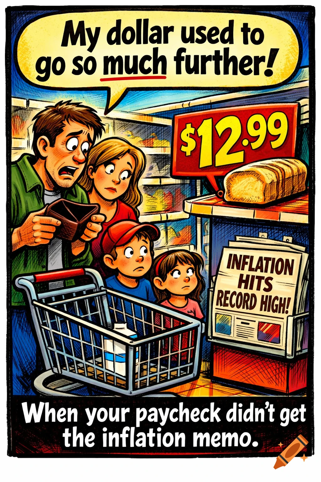 A cartoon family looking worried at an empty wallet and $12.99 bread in a sparse grocery store, with text about inflation.