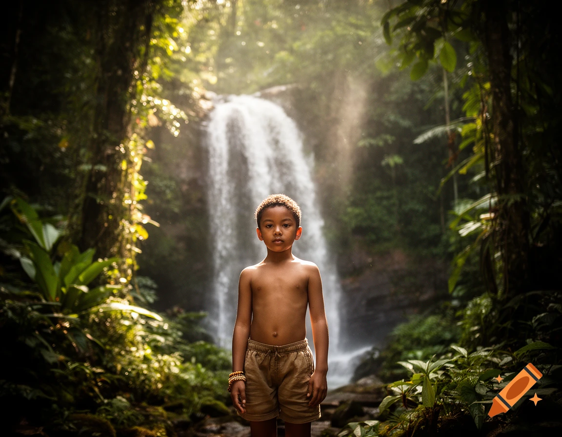 A young boy stands shirtless in front of a cascading waterfall in a lush, sun-dappled tropical jungle.