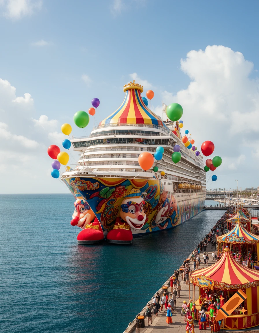 A colorful cruise ship, adorned with clown faces and balloons, is docked at a pier bustling with people and carnival tents under a bright blue sky.