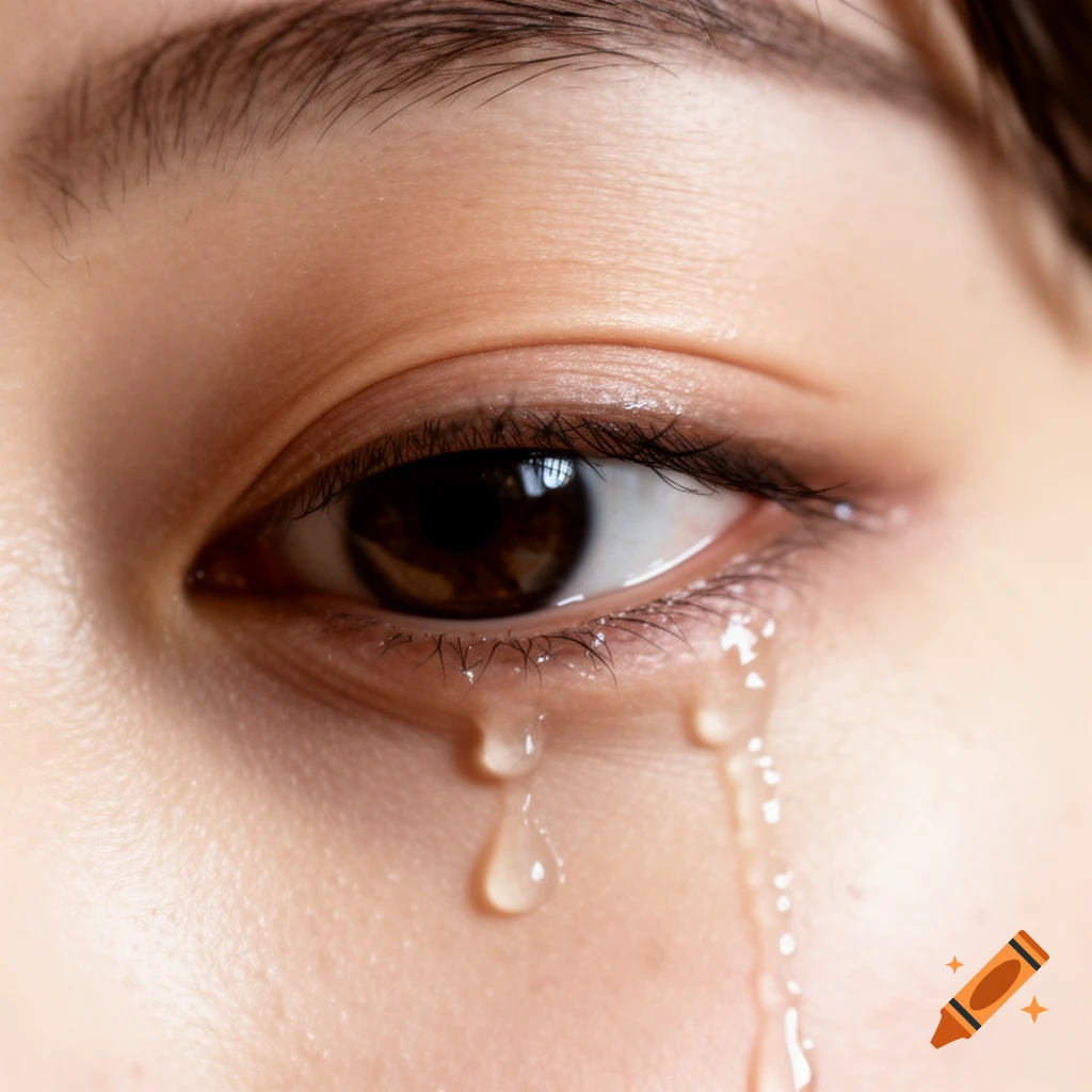 A close-up shot of a dark brown human eye with tears streaming down the cheek, depicting sadness.