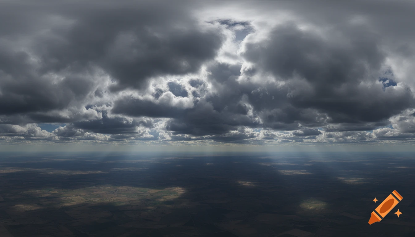 A photorealistic panoramic view of dramatic thunderclouds over a flat, shadowed landscape, with light rays breaking through.