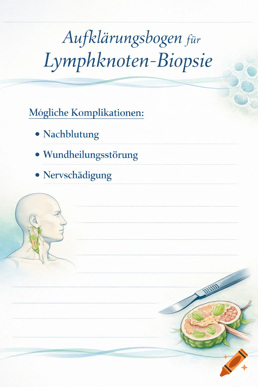 Medical information sheet for lymph node biopsy, listing complications, with an anatomical drawing of the neck and a lymph node next to a scalpel.