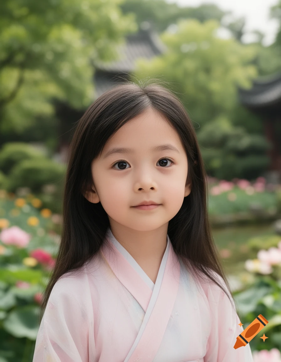 Photorealistic portrait of a young girl with long black hair, wearing a light pink traditional dress, standing in a garden with lotus flowers.