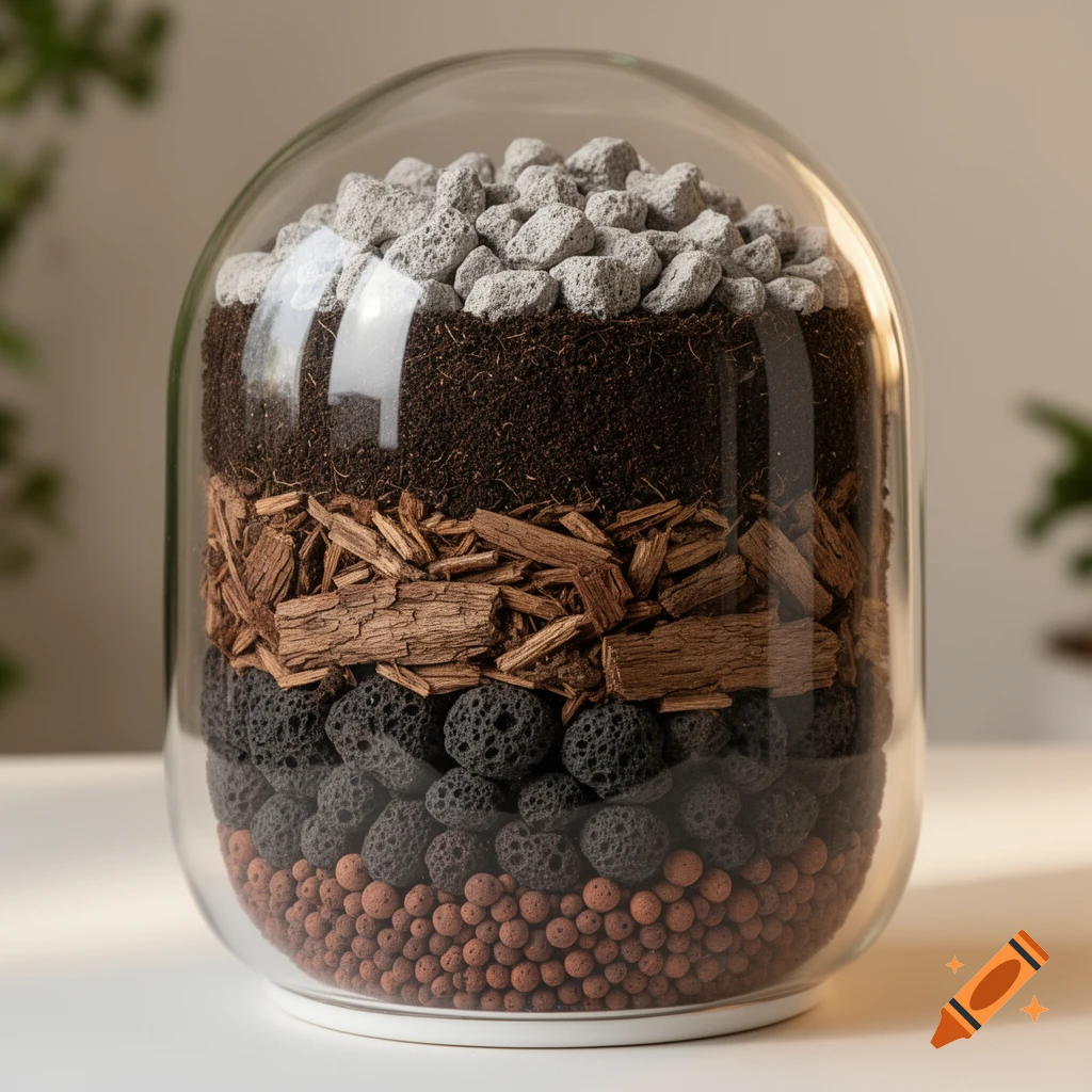 A photorealistic clear glass domed pot showcasing distinct layers of gardening substrates: pumice, soil, wood chips, lava granules, and expanded clay.