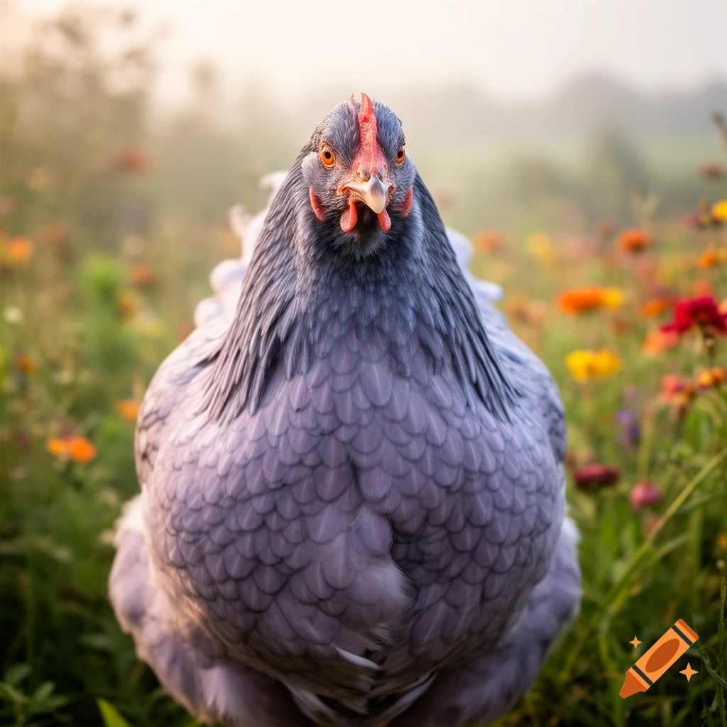A plump blue-grey chicken with an orange beak and eyes stands facing forward in a vibrant field of colorful wildflowers. Photorealistic.