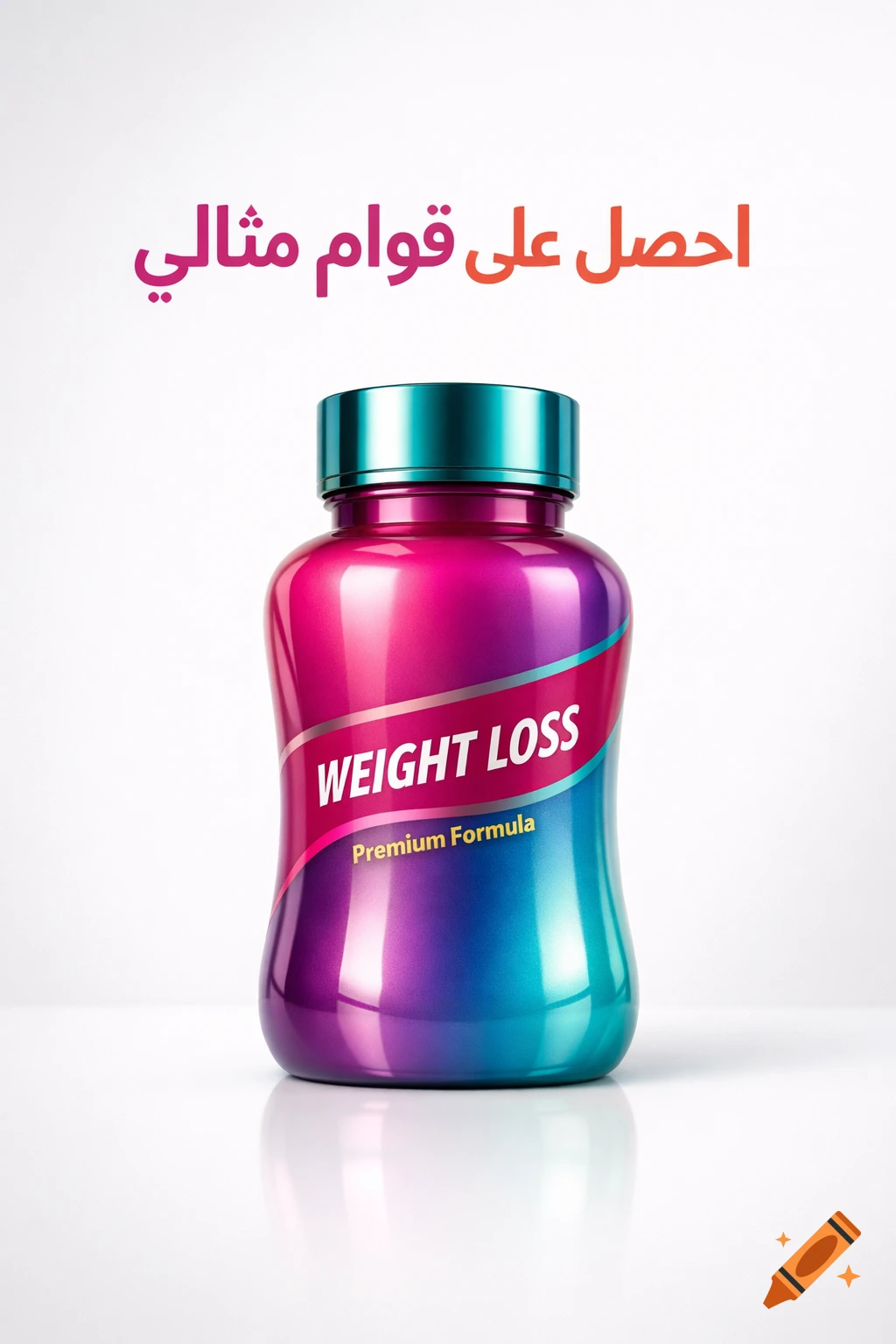 A sleek, glossy weight loss supplement bottle in pink, purple, and blue gradient, with a teal cap. Arabic text is above it.