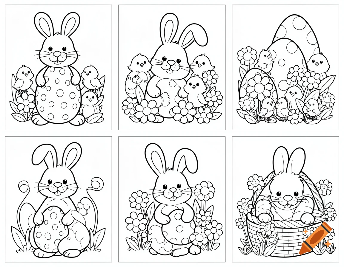 Six black and white coloring pages with cute cartoon bunnies, chicks, Easter eggs, and flowers in a simple line art style.