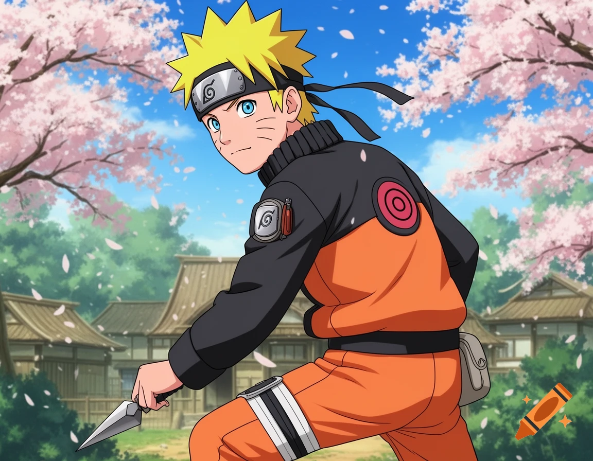 Naruto Uzumaki in his orange and black outfit, holding a kunai, in a village under blooming cherry trees.