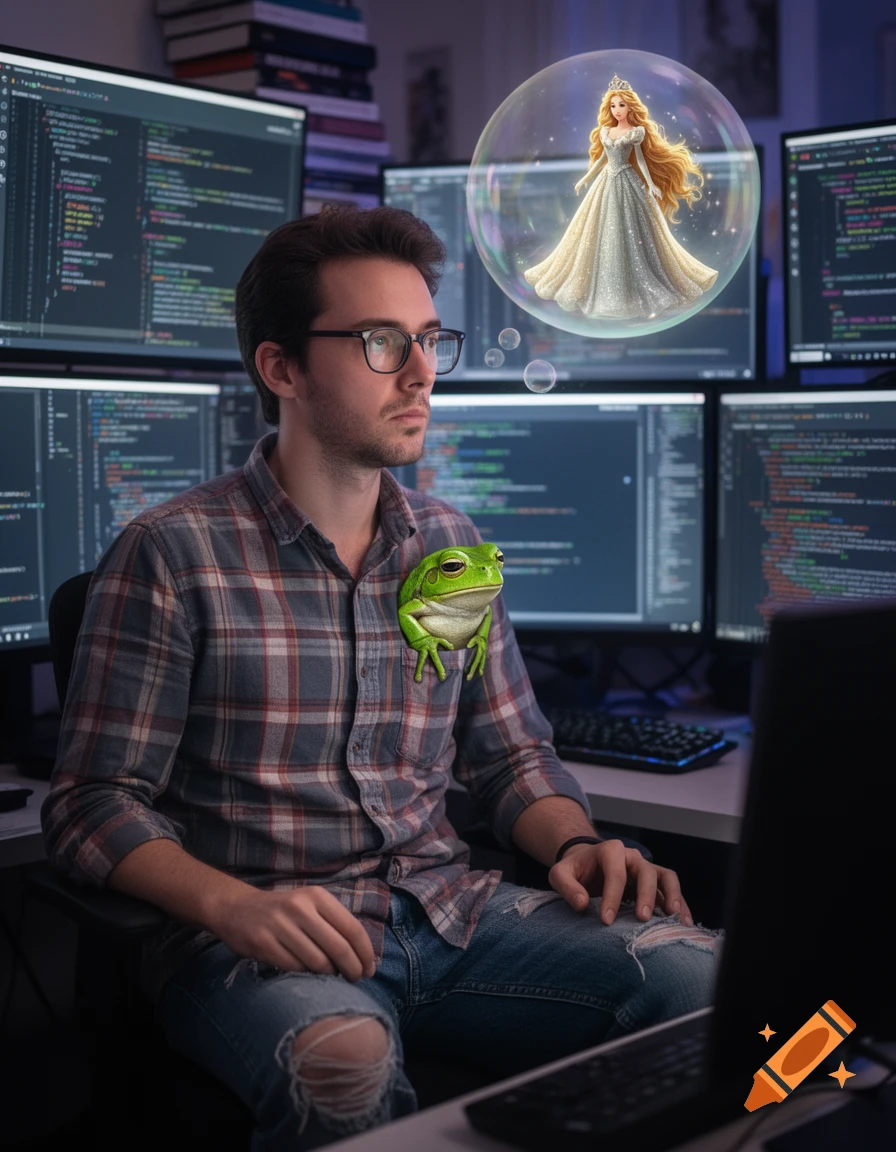 A nerdy programmer with a frog in his shirt pocket gazes at a thought bubble showing a glamorous princess, surrounded by multiple monitors displaying code.