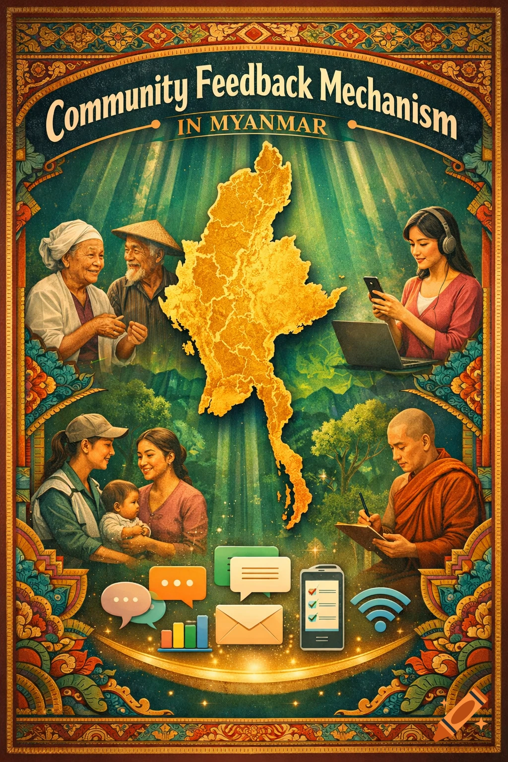 A colorful, stylized poster shows a golden map of Myanmar, diverse people, and communication icons, with text "Community Feedback Mechanism in Myanmar".