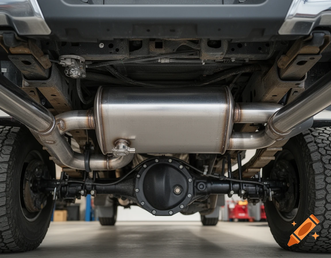 Photorealistic close-up of a truck's undercarriage showing the exhaust system, muffler, differential, and large tires.