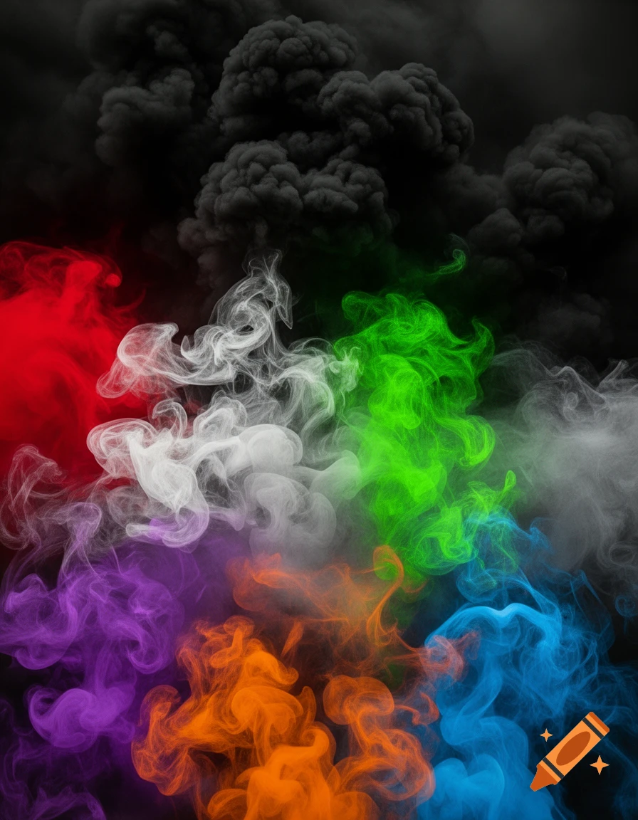 Vibrant, swirling plumes of red, white, green, purple, orange, and blue smoke rise from the bottom, contrasting with dark black smoke at the top.