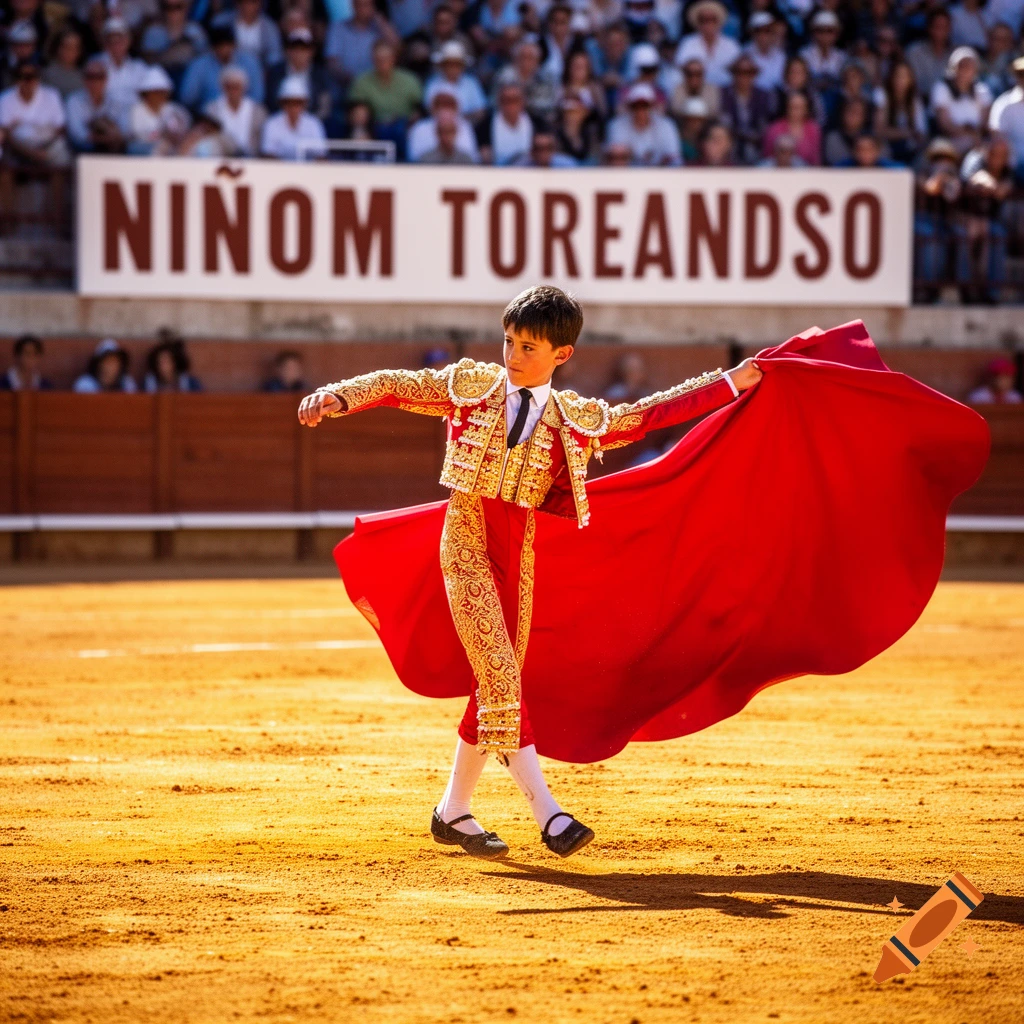 A young boy dressed as a matador, wearing a gold-embroidered suit and holding a red cape, stands in a bullfighting arena with spectators in the background. A sign above reads "NIÑOM TOREANDSO".