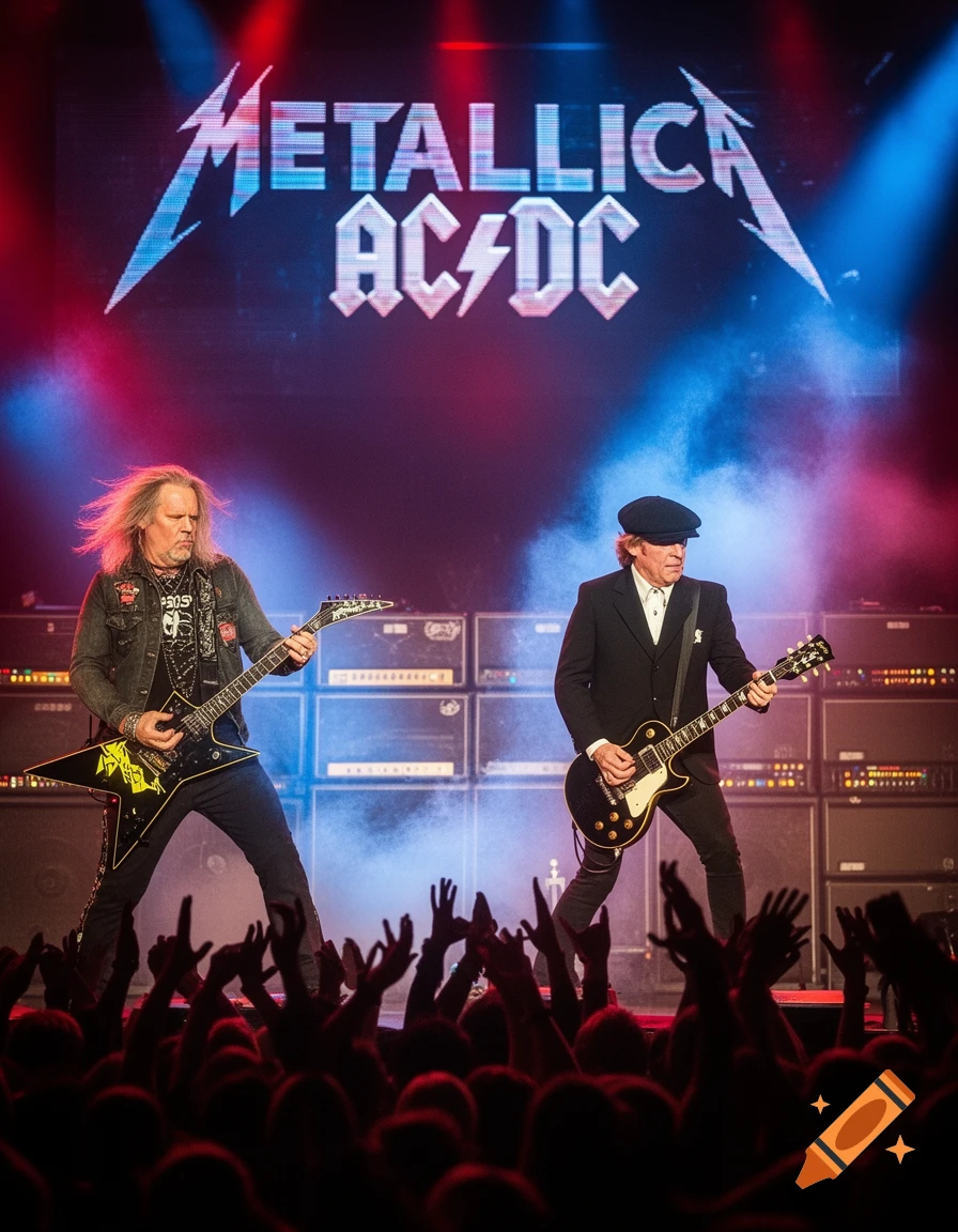 Two rock guitarists perform live on stage under red and blue lights, with "Metallica AC/DC" on a screen and a cheering crowd.
