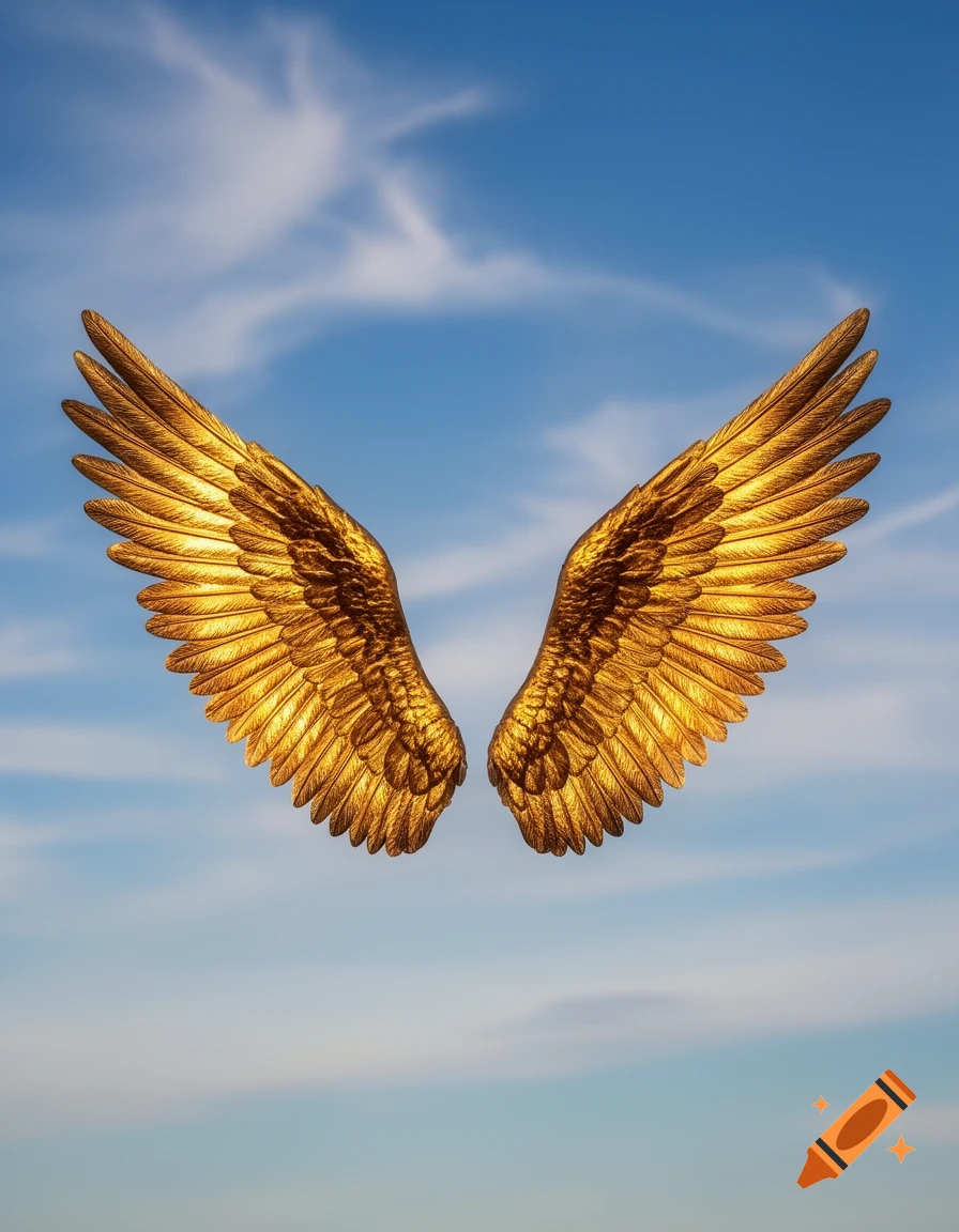 Two majestic golden wings with intricate feathers spread against a bright blue sky with wispy clouds.