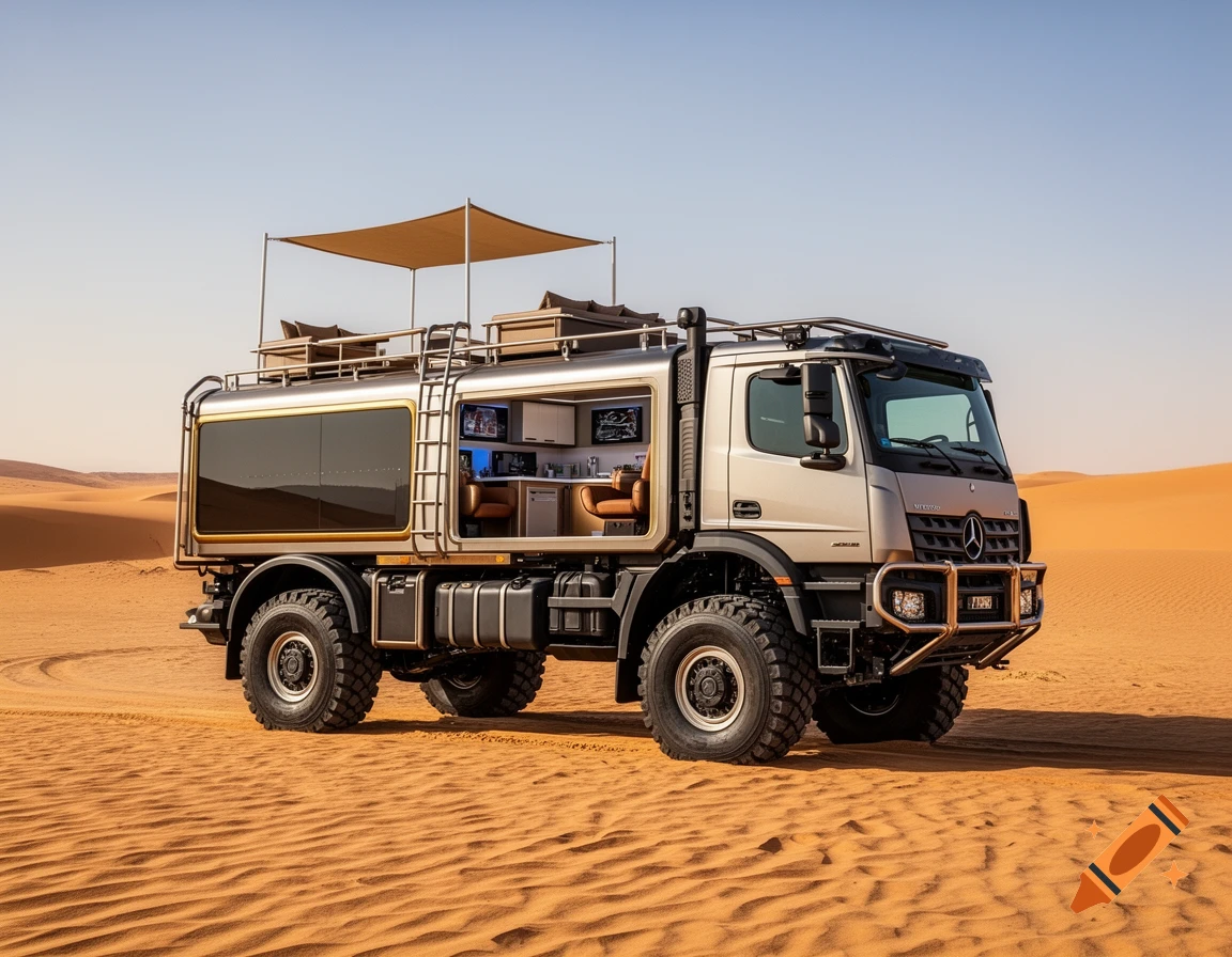 A luxurious Mercedes Zetros expedition truck with an open side revealing its interior, driving through a vast sandy desert under a clear sky.