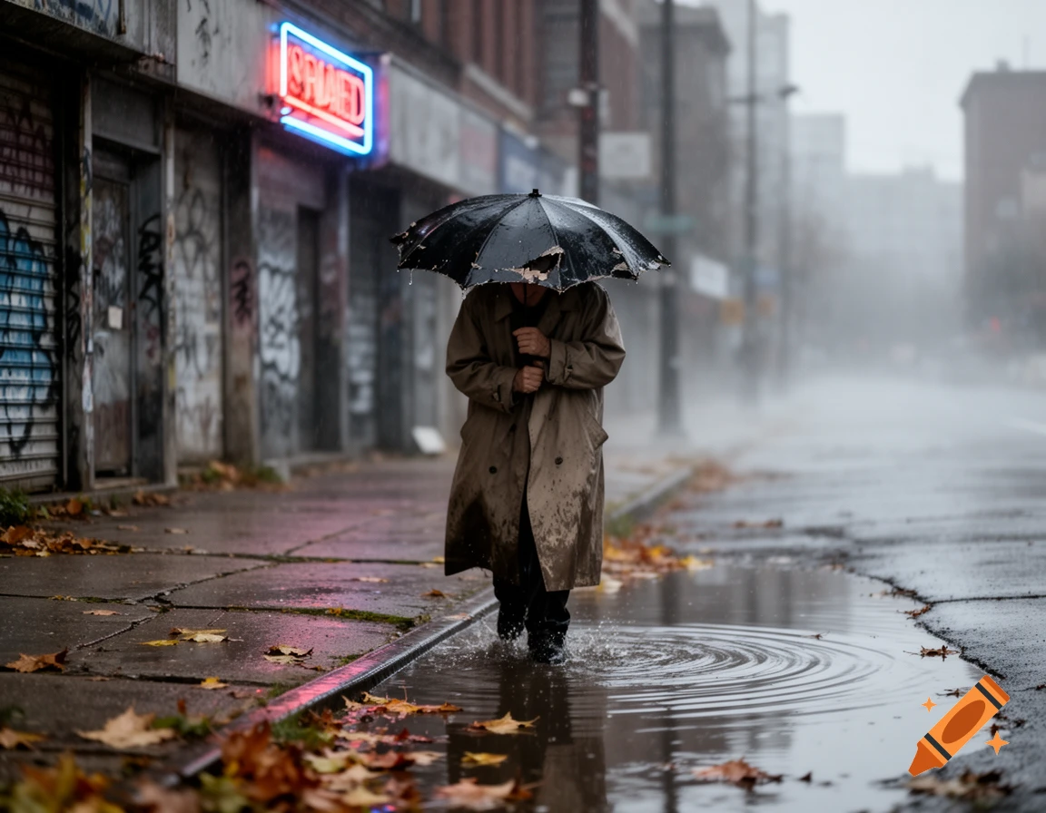 A person in a trench coat walks through a rainy city street, splashing through a puddle, holding a broken umbrella. Photorealistic.