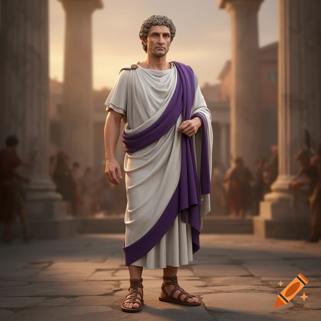 A man in a white toga with a purple sash and sandals stands in an ancient Roman city with columns.