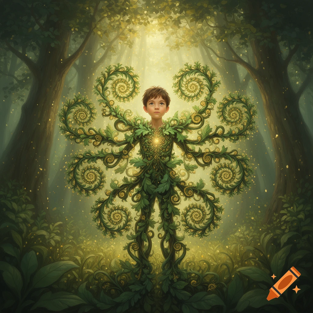 A young boy's body transforms into intricate green plant fractals, standing in a mystical, sunlit forest.