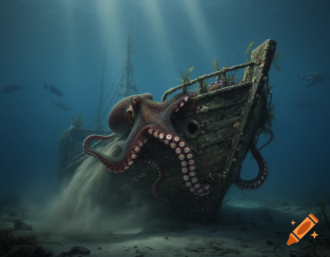 Photorealistic scene of a giant octopus on a wooden shipwreck on the ocean floor, with light filtering from above.