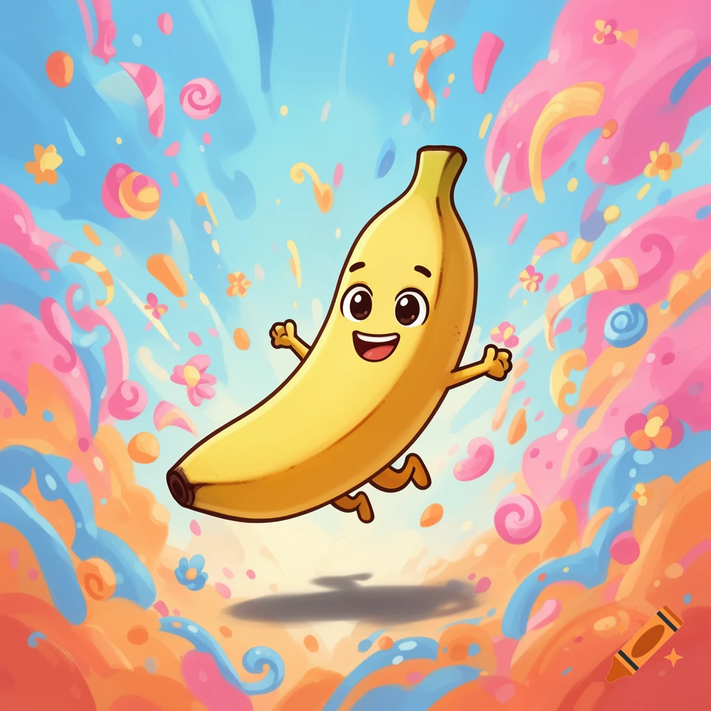 A cute cartoon banana with arms and legs jumps happily amidst a swirling, colorful background in a fun, playful style.