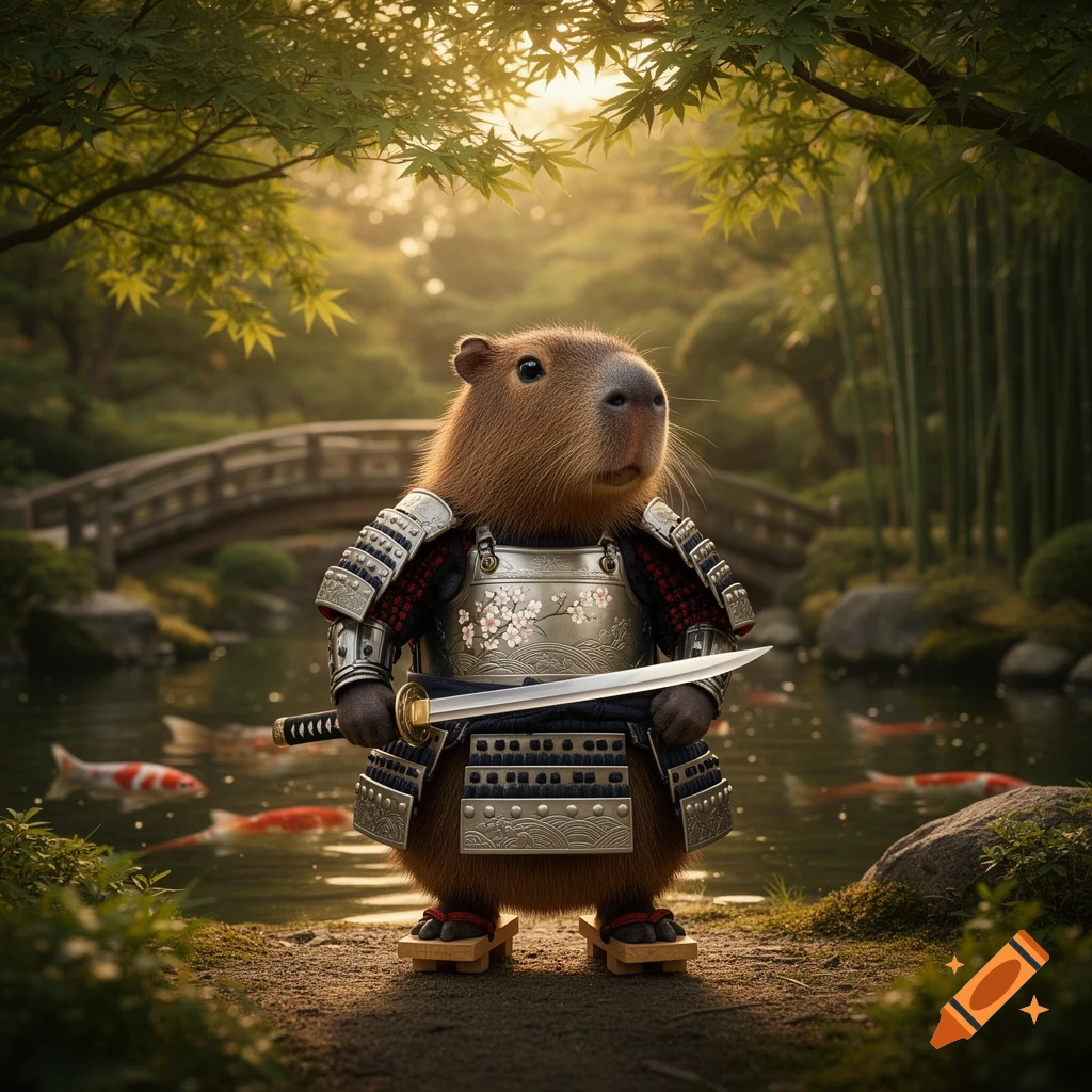 A cute capybara dressed in samurai armor, holding a katana, standing by a pond in a Japanese garden.