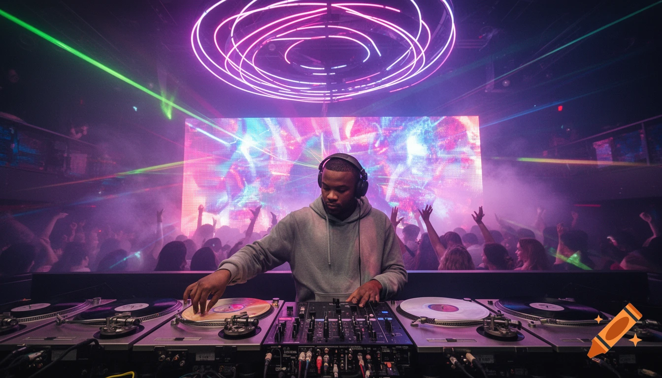 A male DJ wearing headphones spins records at a vibrant nightclub with neon lights and a dancing crowd.