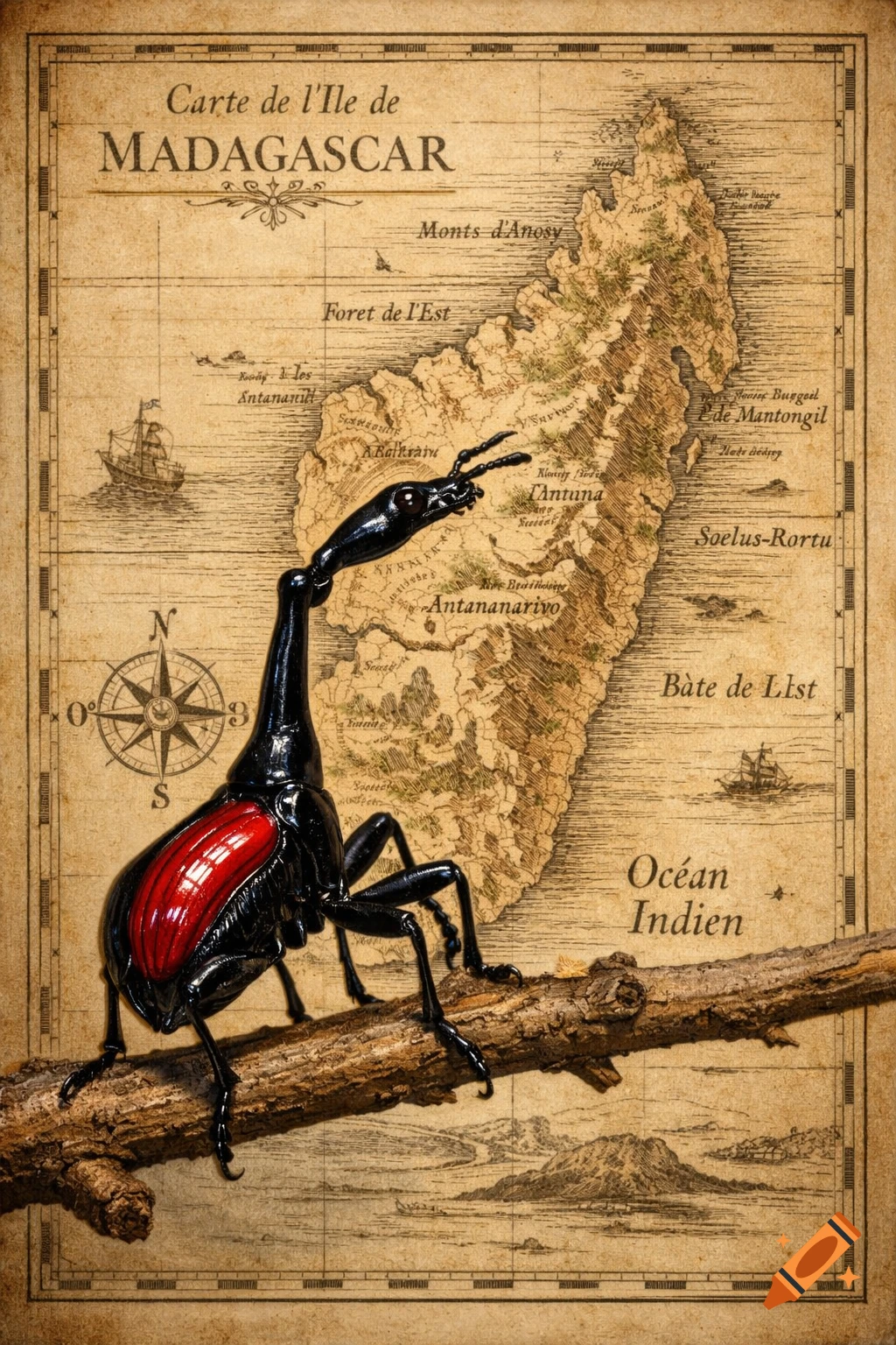A black giraffe weevil with a long neck and red abdomen sits on a branch, superimposed on an antique map of Madagascar.