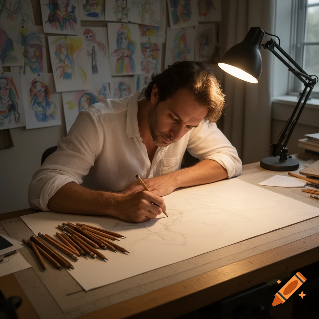 A man in a white shirt draws on a large paper at a desk, illuminated by a desk lamp, with many colorful drawings tacked to the wall behind him.