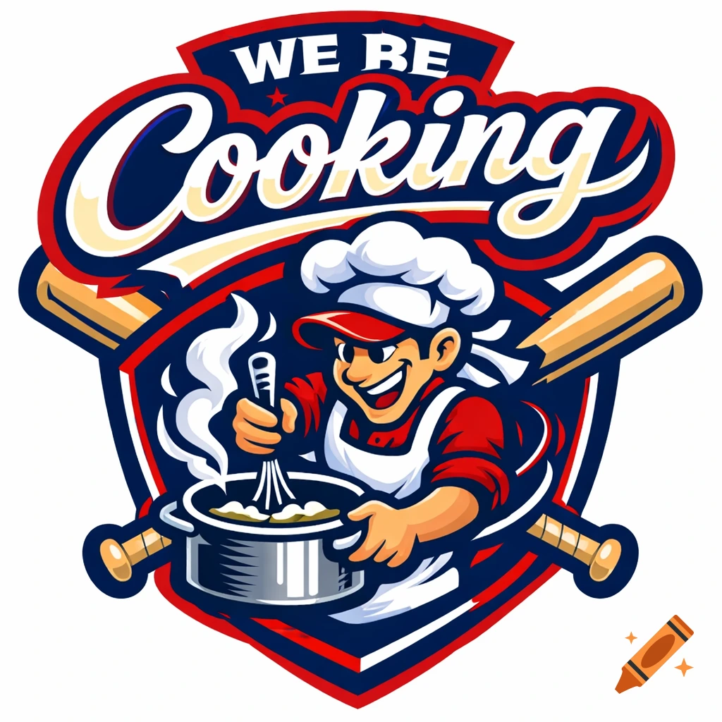 Cartoon chef mascot in a baseball-themed logo, stirring a pot, with text 'WE BE Cooking'.
