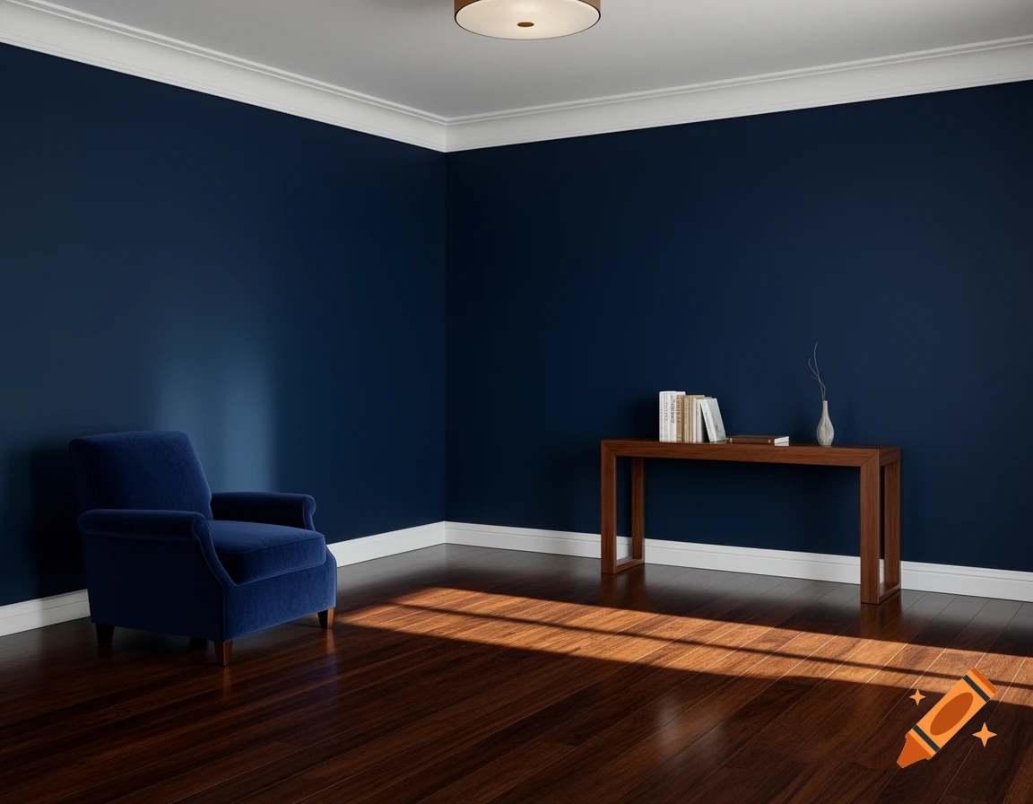A modern navy blue room with dark wood floors, a blue armchair, and a console table with books and a vase, lit by sunlight.