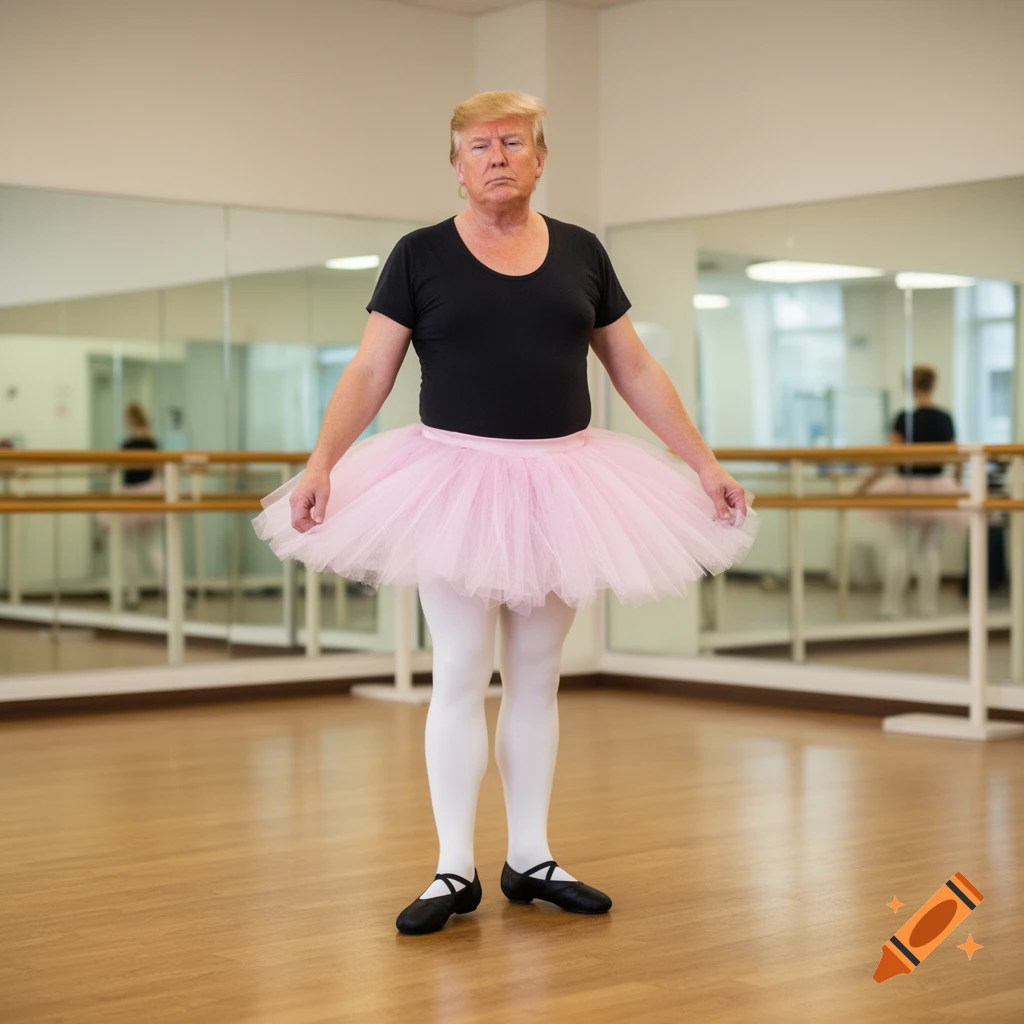 Donald Trump wearing a pink tutu, black shirt, white tights, and black ballet shoes in a ballet studio, looking serious.