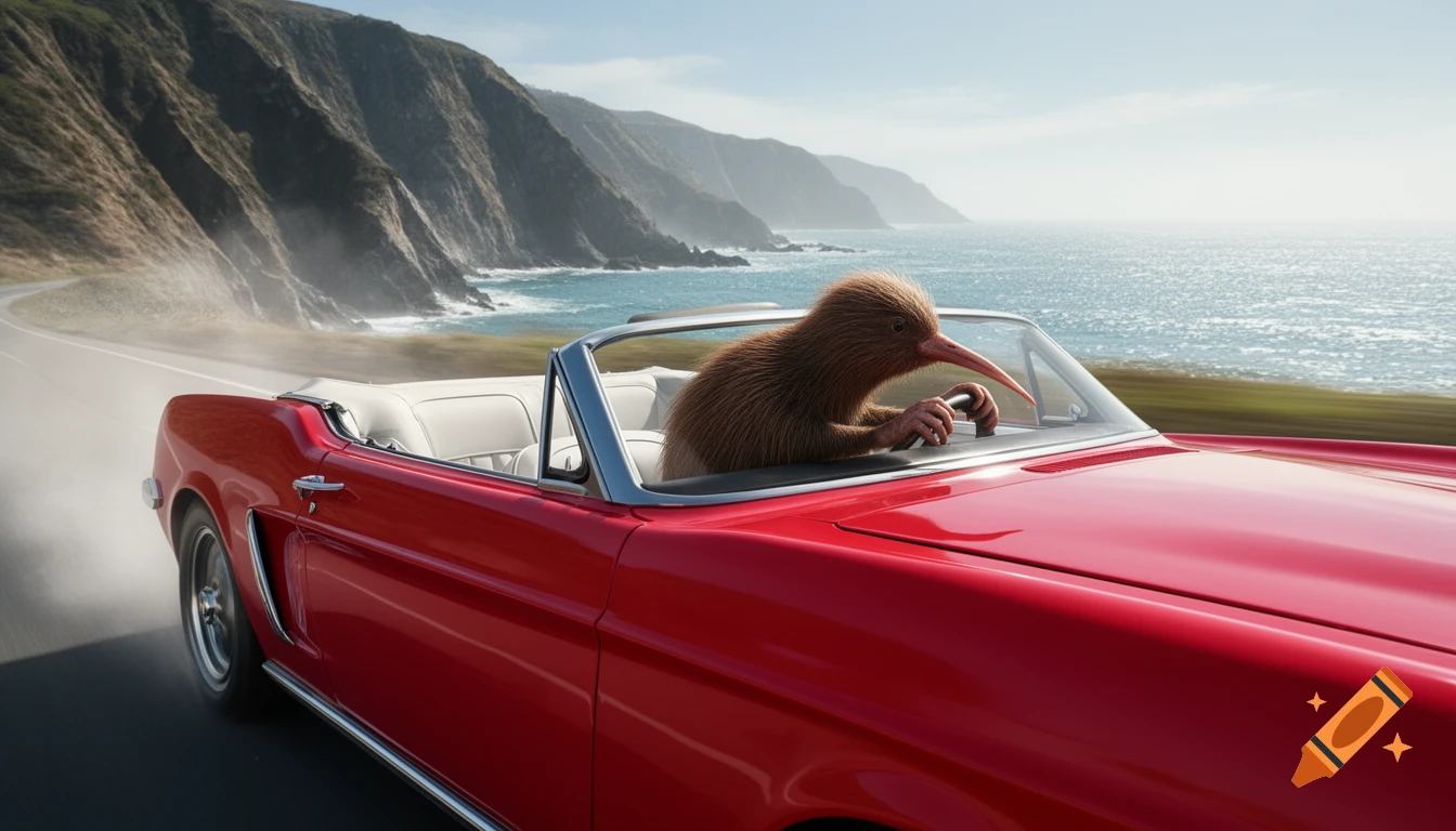 A kiwi bird with a long beak drives a red convertible car at high speed along a scenic coastal road with mountains and the ocean.