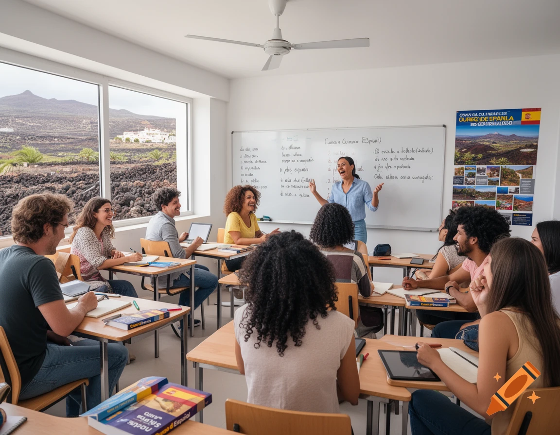A diverse group of adults in a bright classroom, with an enthusiastic teacher at the whiteboard and students listening, overlooking a volcanic landscape.