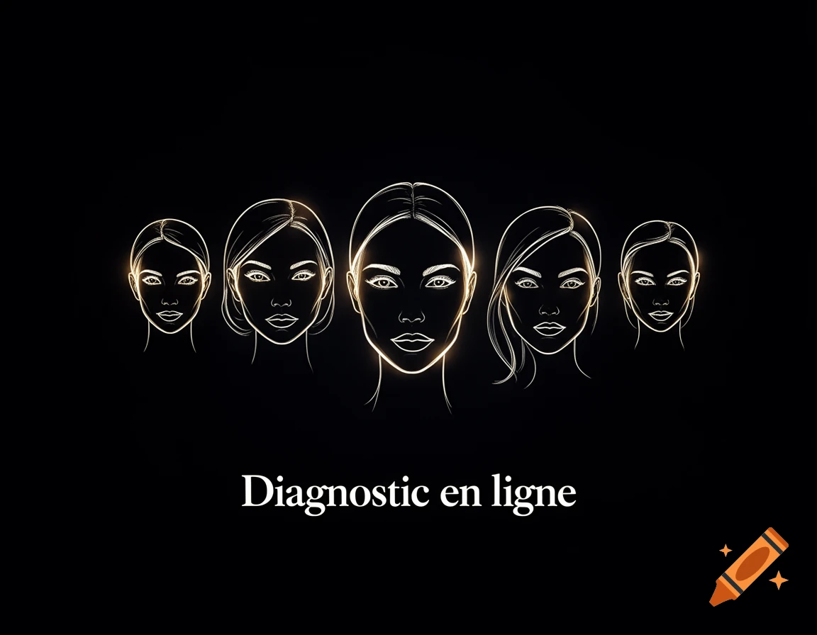 Minimalist glowing line art of five female faces on black with 'Diagnostic en ligne' text.