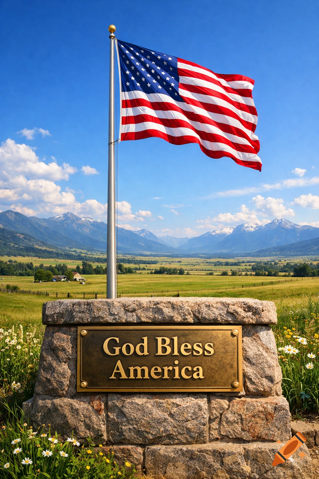 A vibrant American flag waves above a stone monument engraved with 'God Bless America', set in a scenic mountain landscape.