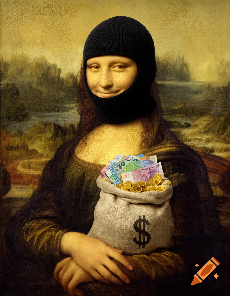The Mona Lisa wearing a black balaclava, smiling, and holding a canvas bag filled with various currencies and gold coins with a black dollar sign on it.