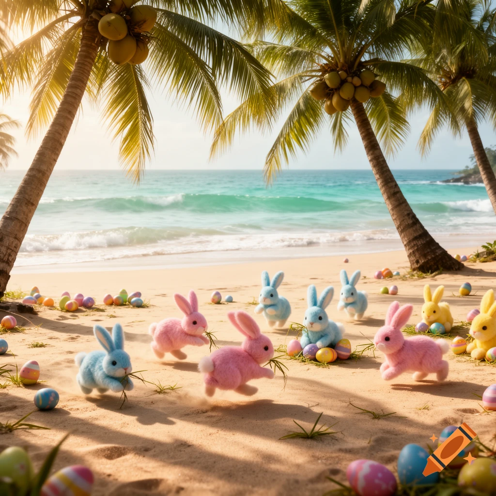 Fluffy pink and blue Easter bunnies on a sandy beach with colorful eggs, palm trees, and ocean waves in the background.