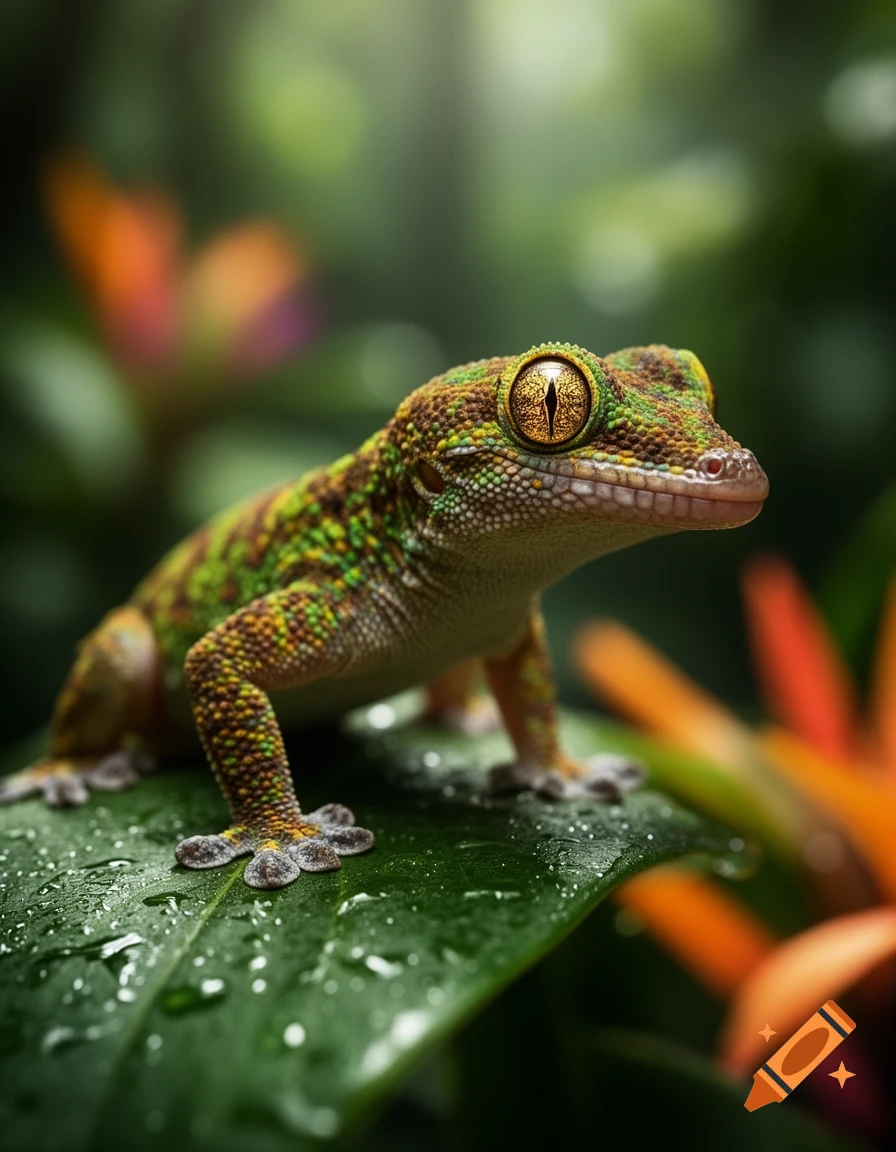 A photorealistic close-up of a green and brown gecko with large golden eyes perched on a wet green leaf.