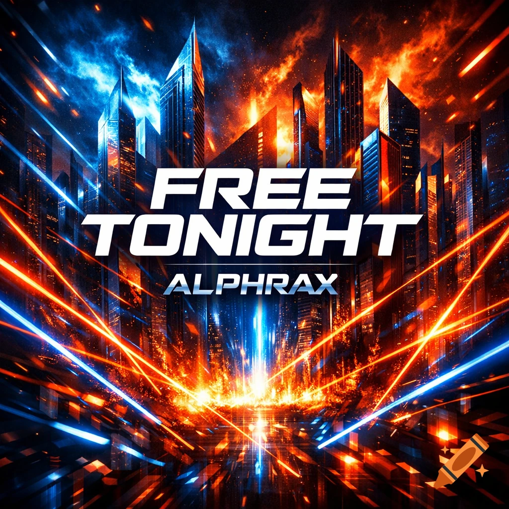 A vibrant, futuristic city night scene with skyscrapers silhouetted against a sky of orange and blue light bursts. The text "FREE TONIGHT" and "ALPHRAX" is prominent in the center.