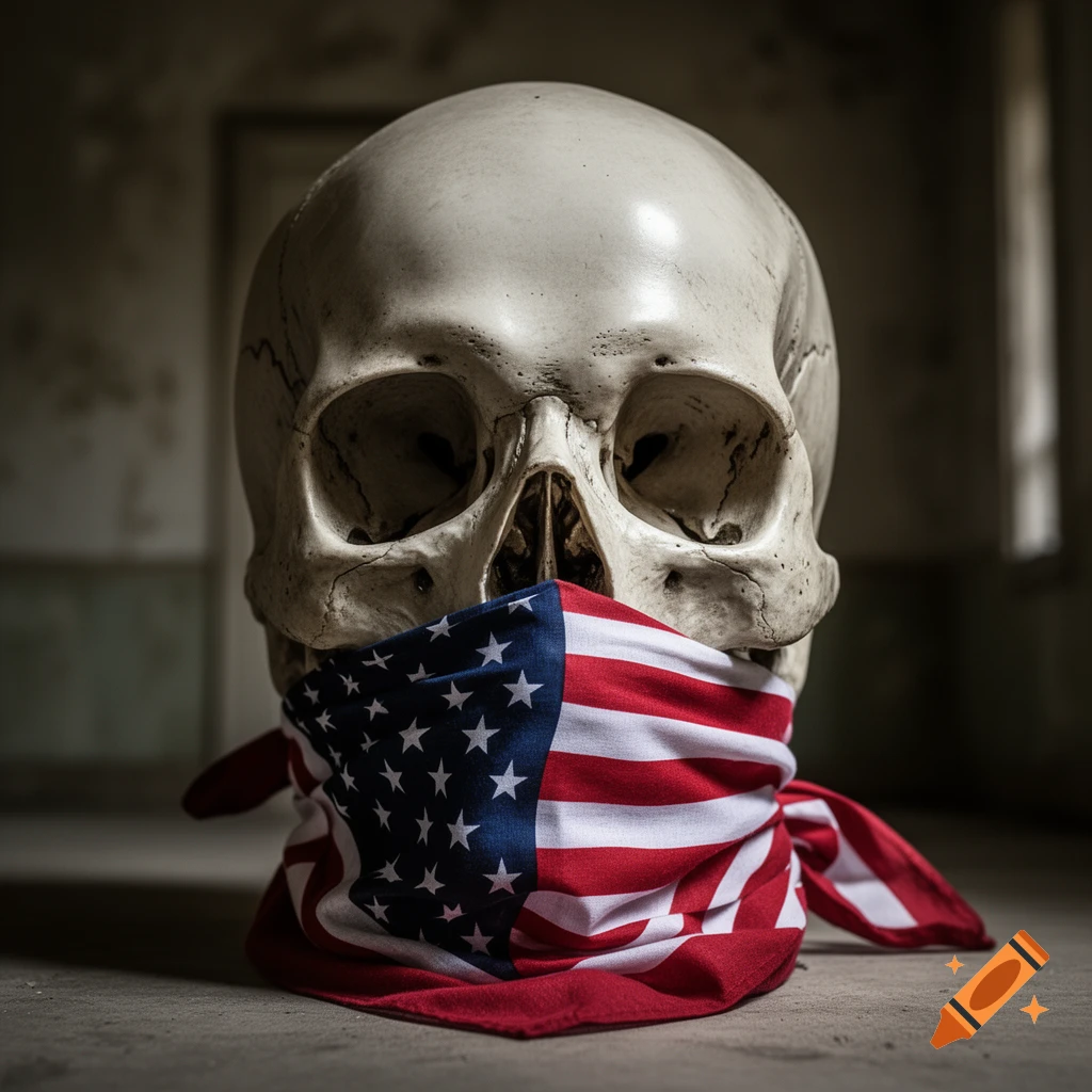 A photorealistic image of a skull wearing an American flag bandana over its mouth in a dimly lit, gritty room.
