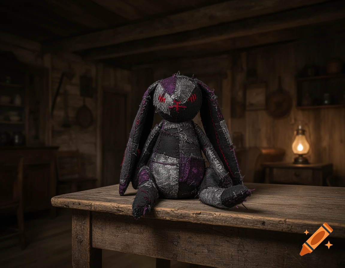 A gothic hand-stitched bunny plush, patched in dark fabrics with red stitching, on a wooden table in a dimly lit rustic farmhouse.