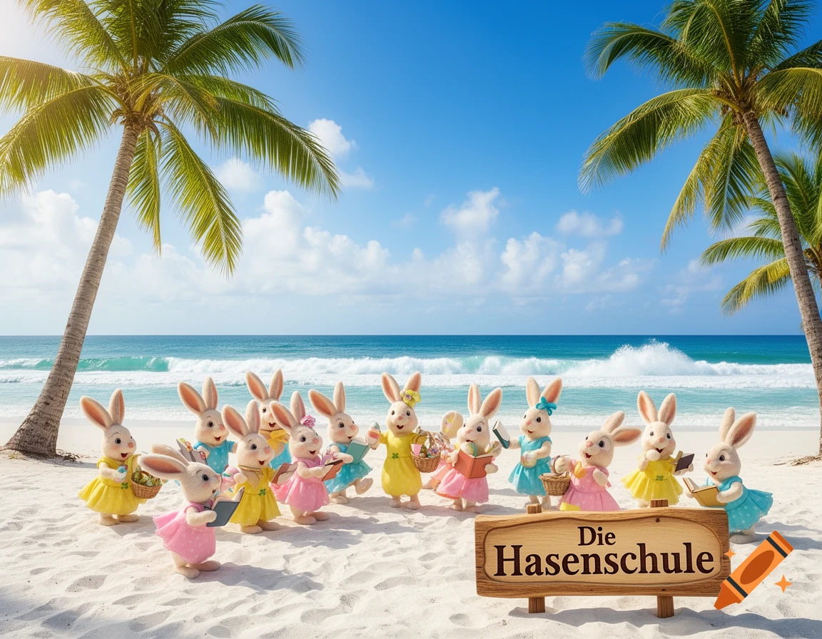 Cartoon bunnies on a tropical beach with palm trees and ocean waves. A sign reads 'Die Hasenschule'.