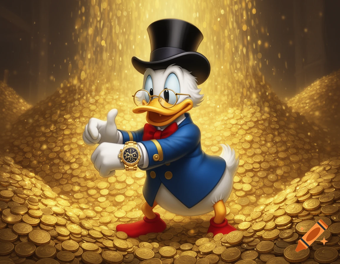 Scrooge McDuck in a blue suit and top hat, giving a thumbs-up while standing in a pile of glittering gold coins, wearing a gold watch.