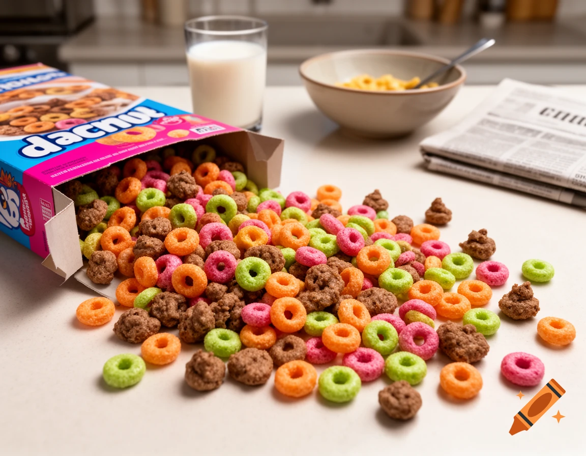 A box of colorful ring-shaped cereal spilled onto a white counter, mixed with small, brown, irregularly shaped nuggets resembling feces. In the background are a glass of milk, a bowl of cereal, and a newspaper.