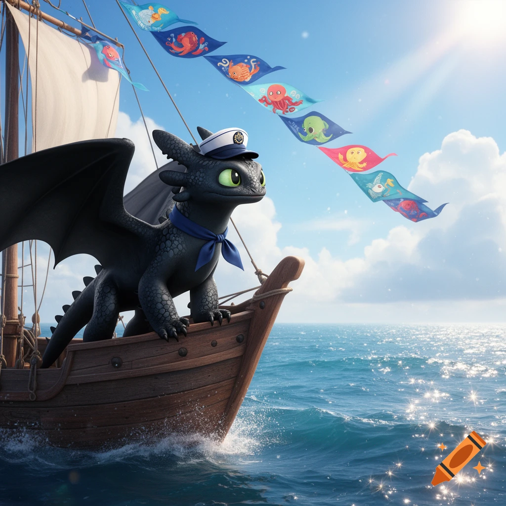 A cute black dragon, Toothless, in a sailor hat and scarf, rides on a wooden boat on a sparkling blue ocean under a sunny sky.