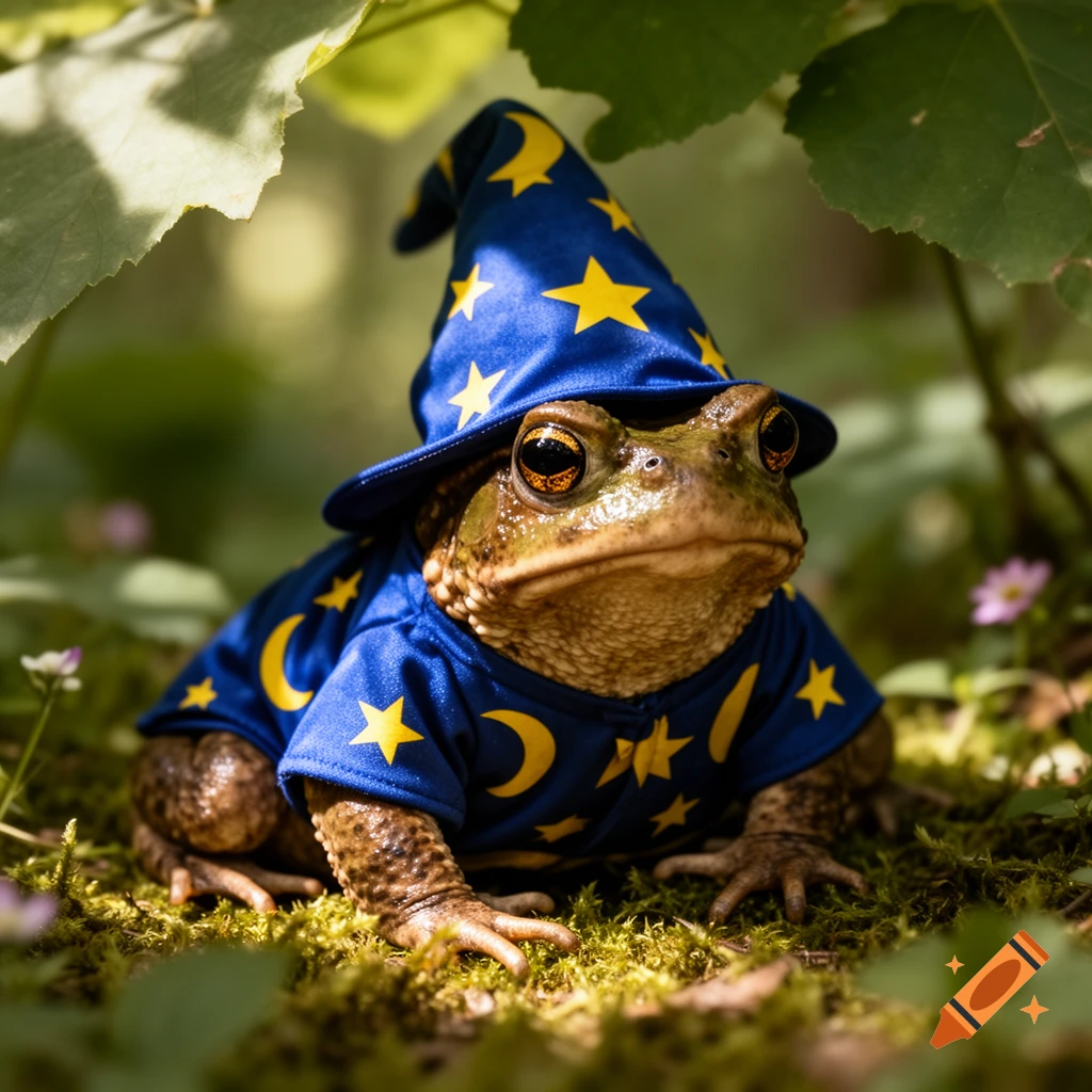 A close-up photorealistic image of a brown toad wearing a blue wizard hat and robe with yellow stars and moons, sitting on moss.