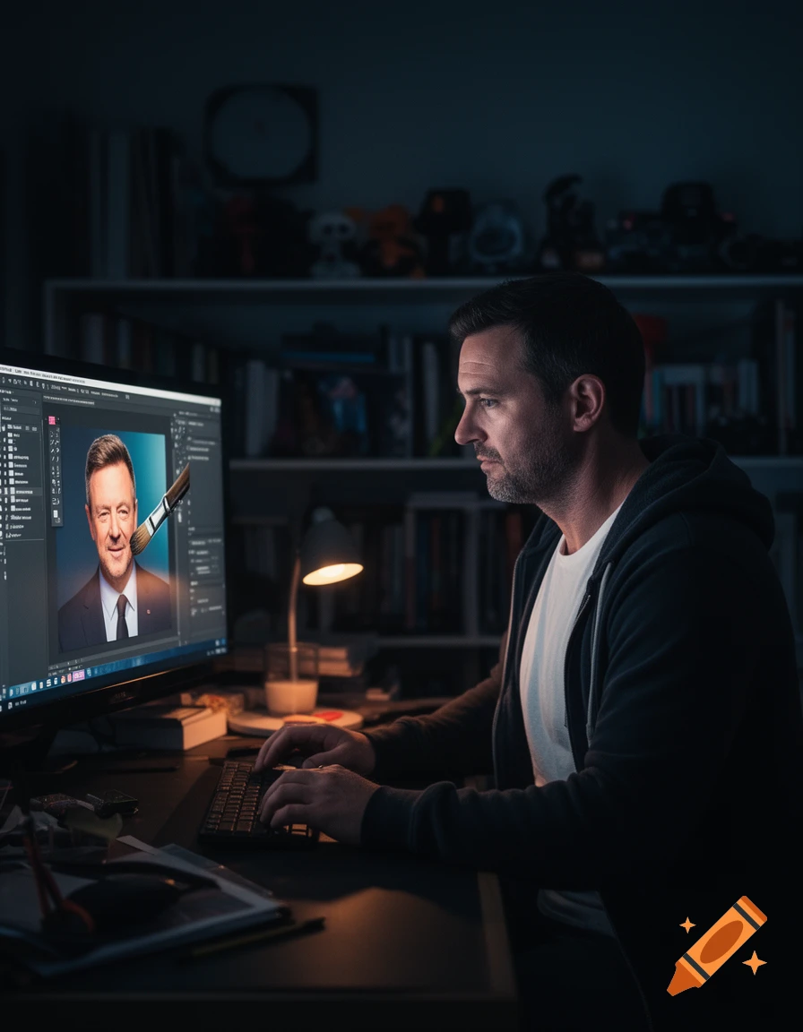 A man in a dark hoodie intently edits a portrait of another man in Photoshop on a desktop computer in a dimly lit room.