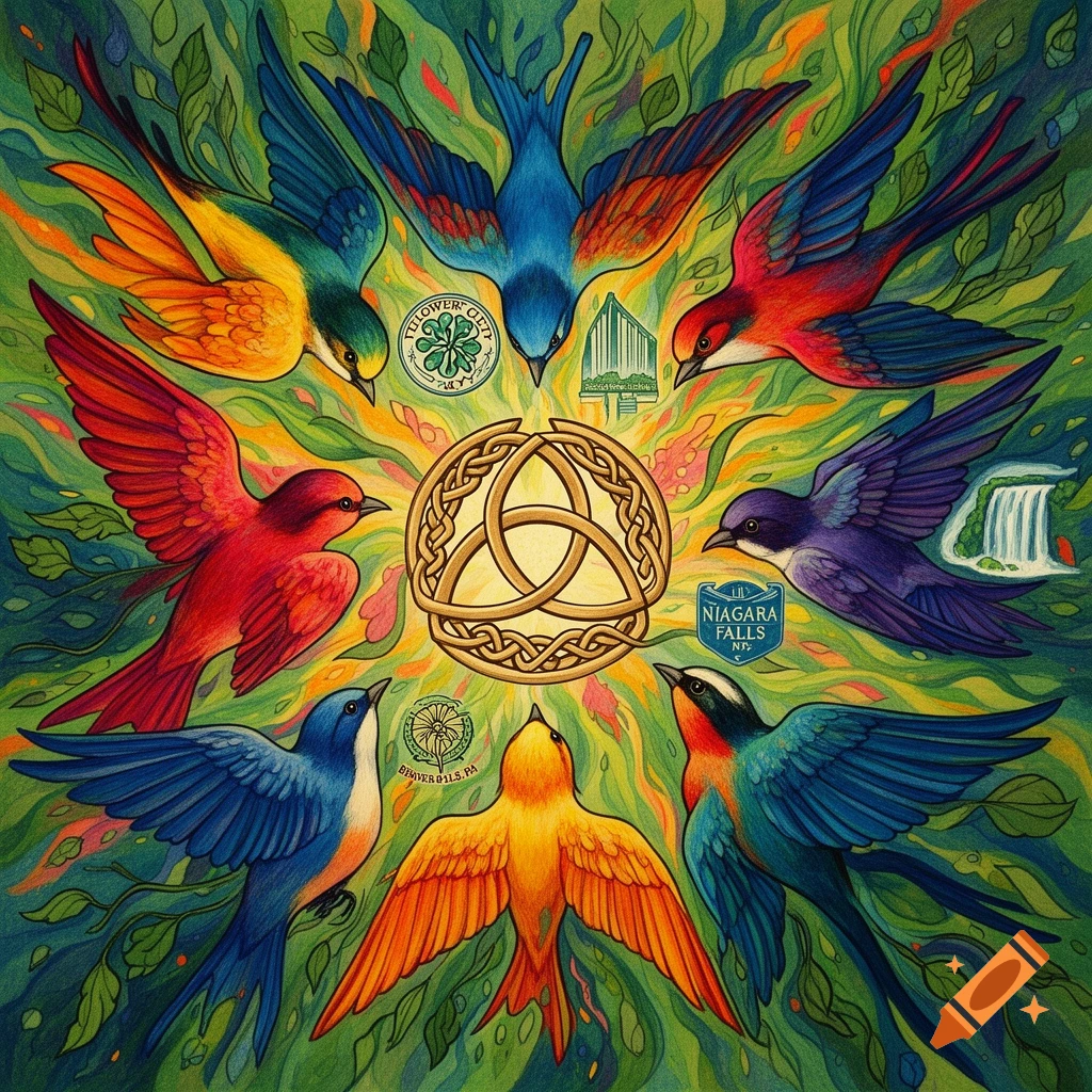 Colorful birds in a circle around a golden Celtic trinity symbol, with local symbols from Rochester NY, Niagara Falls NY, and Beaver Falls PA integrated into the vibrant green background.